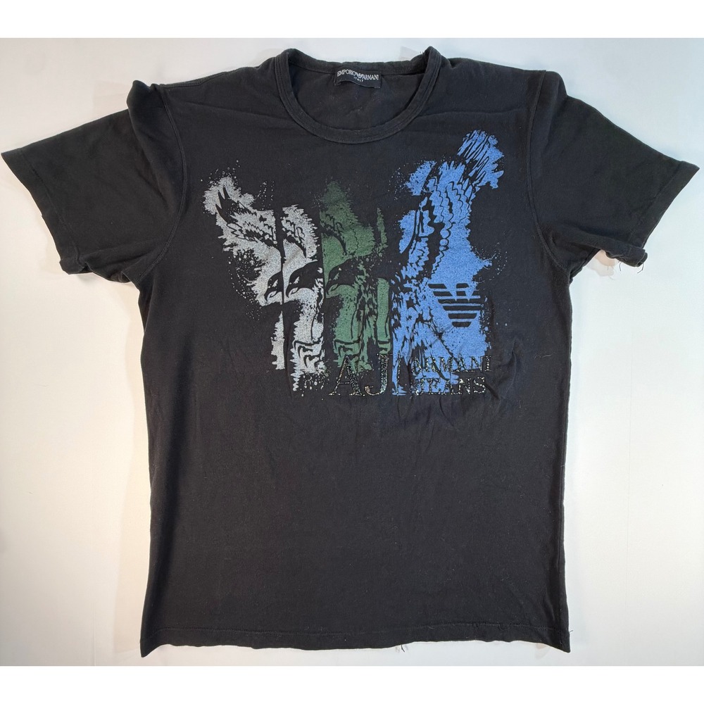 Emporio Armani Italy Black Graphic T-Shirt AJ Armani Jeans Eagle Logo Mens M